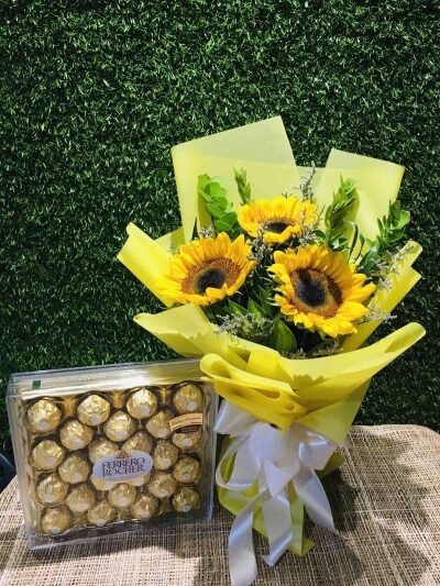 3 saulespuķes iepakojumā un Ferrero Rocher 300g
