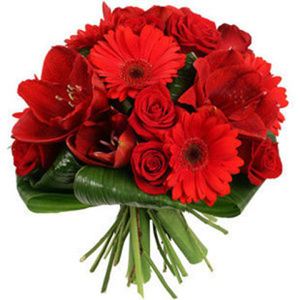 Pušķis no amariļļiem, gerberām un rozēm