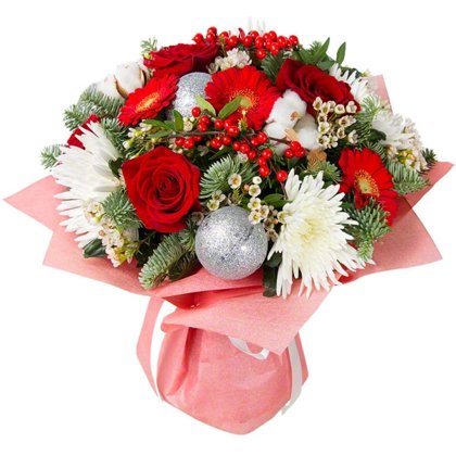 Rožu, gerberu un krizantēmu ziemas pušķis 