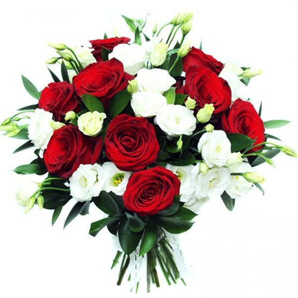Sarkano rožu un balto lizanšu (eustoma) pušķis